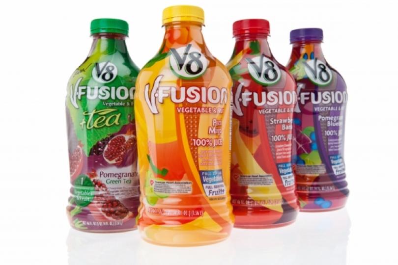 V8 Fusion drinks in shrink sleeves