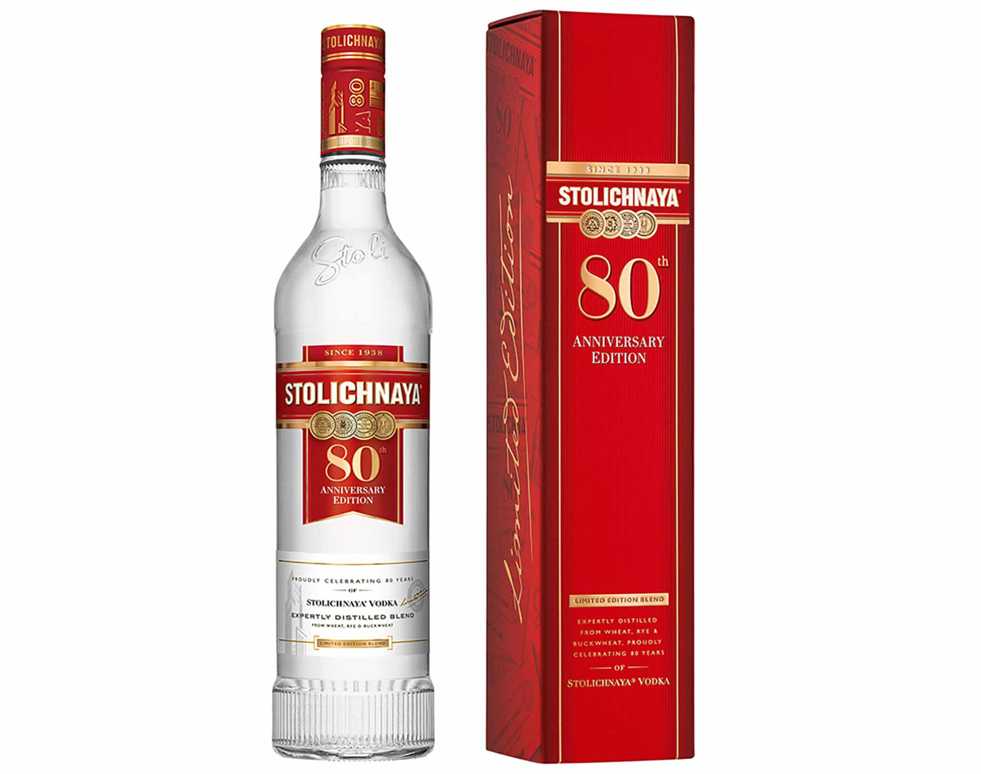 Stoli Vodka 80th anniversary vodka featured a variation of the traditional Stolichnaya recipe, a limited edition bottle and a decorative gift box.